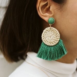 Cora Bright Green Tassel Woven Disk Earrings